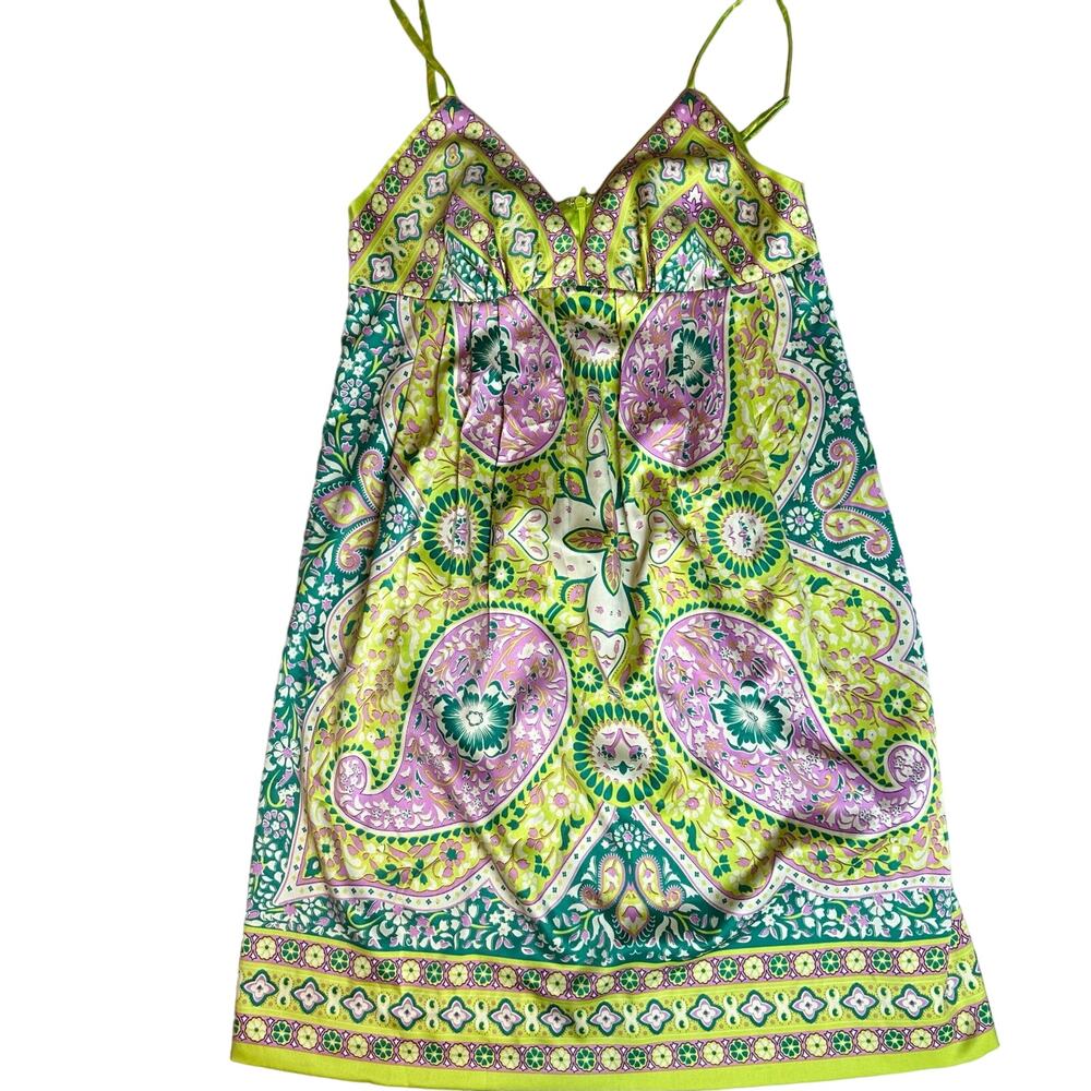 Women's Short Slip Dress Paisley Straps Pink Green Pattern Spaghetti Fitted 8